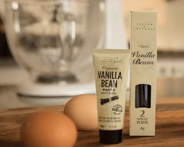 Taylor & Colledge Organic Vanilla Bean Paste and Organic Vanilla Beans with eggs
